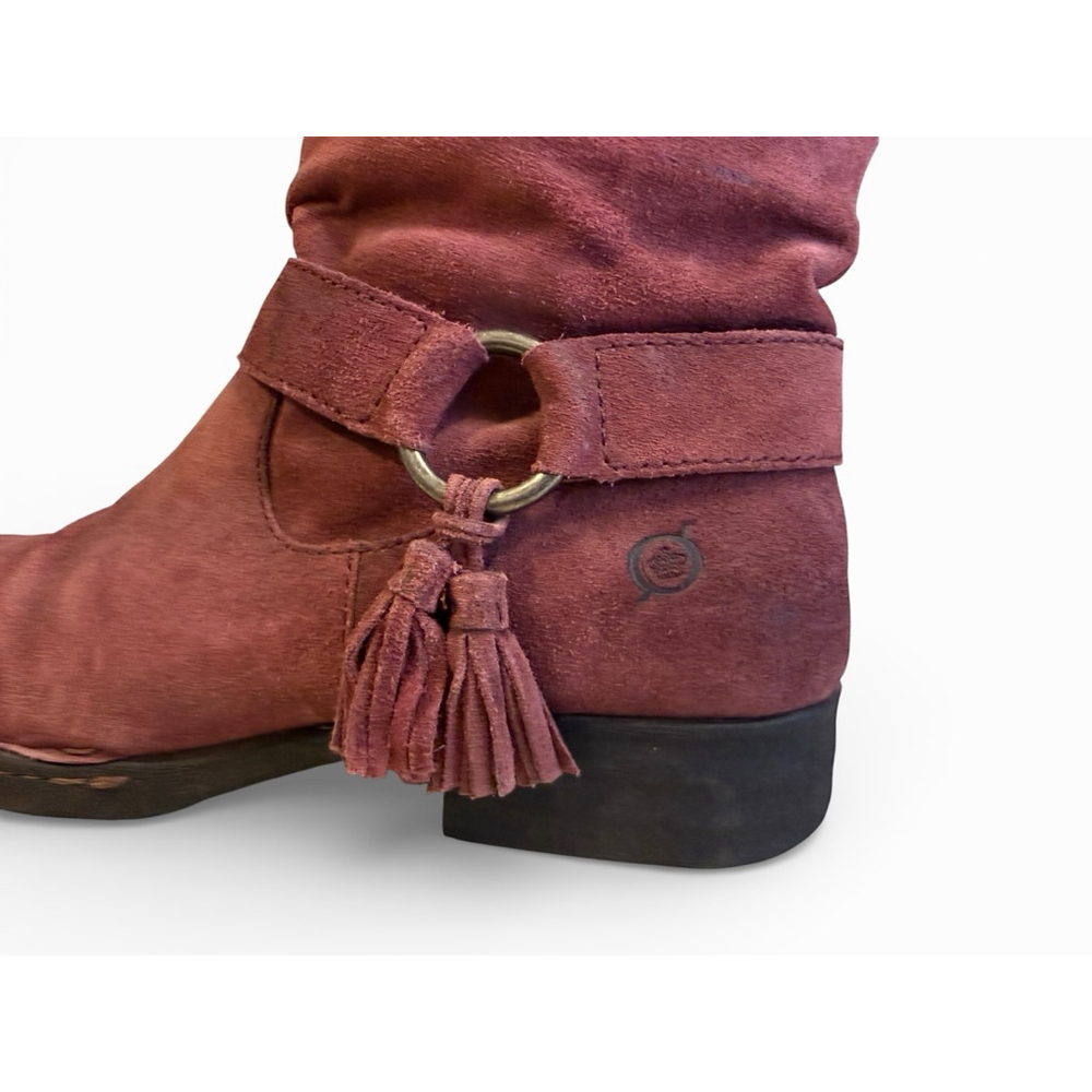 Born Women’s Burgundy Suede Ankle Boots Tassel O-Ring Strap Size 9M - Picture 2 of 8